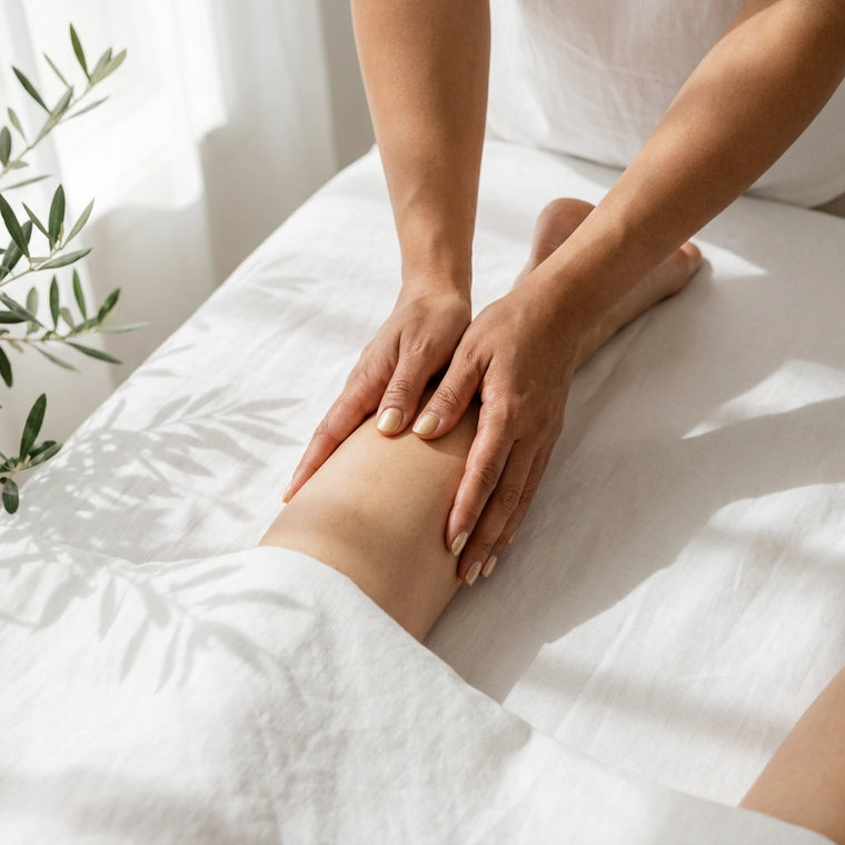 Gentle hands-on care for a client's leg on white linen
