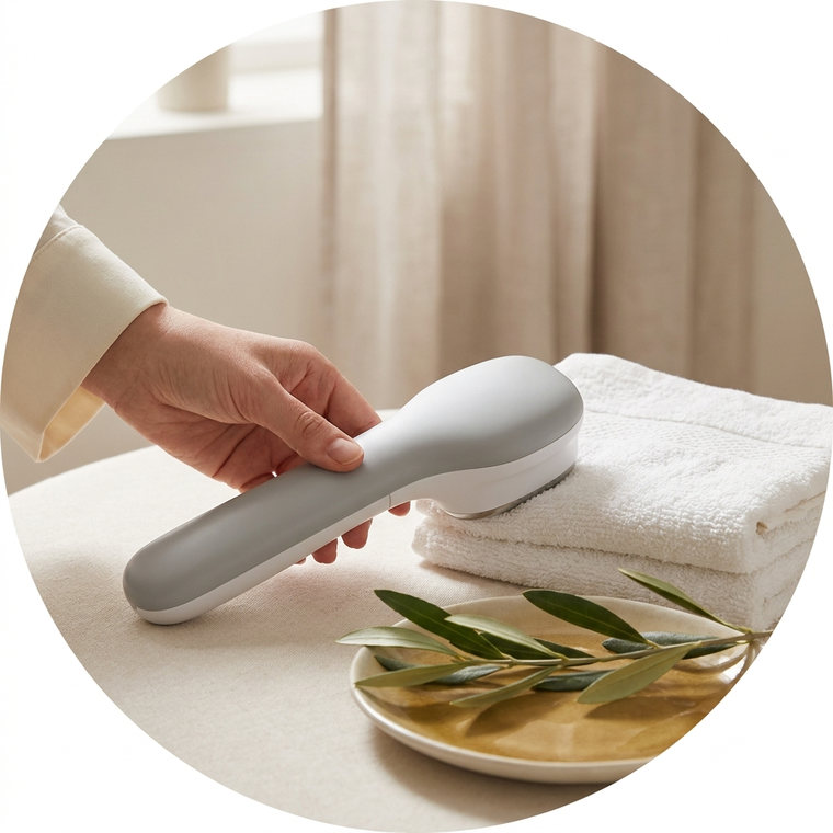 Handheld body-care applicator arranged beside white linen